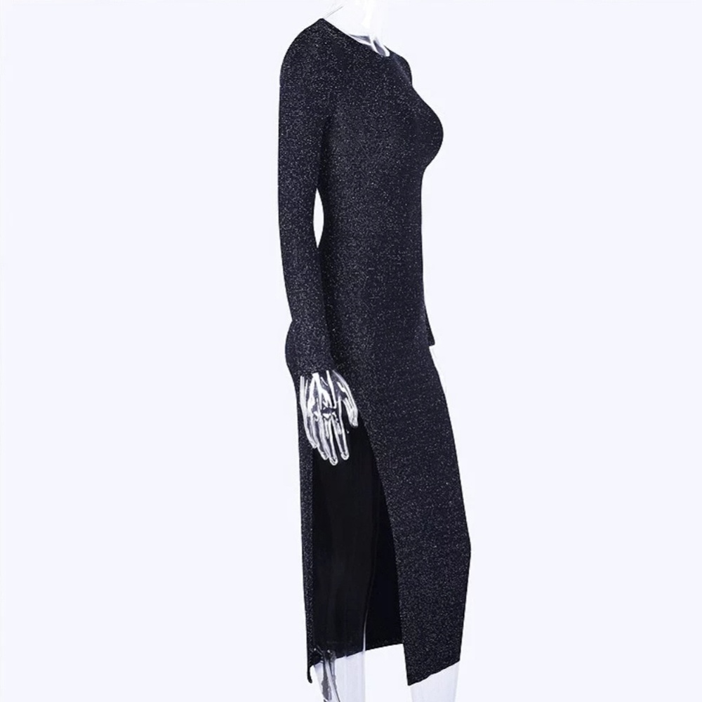 Shiny Black Glitter Bodycon Dress with Side Slit - Picture 5 of 8